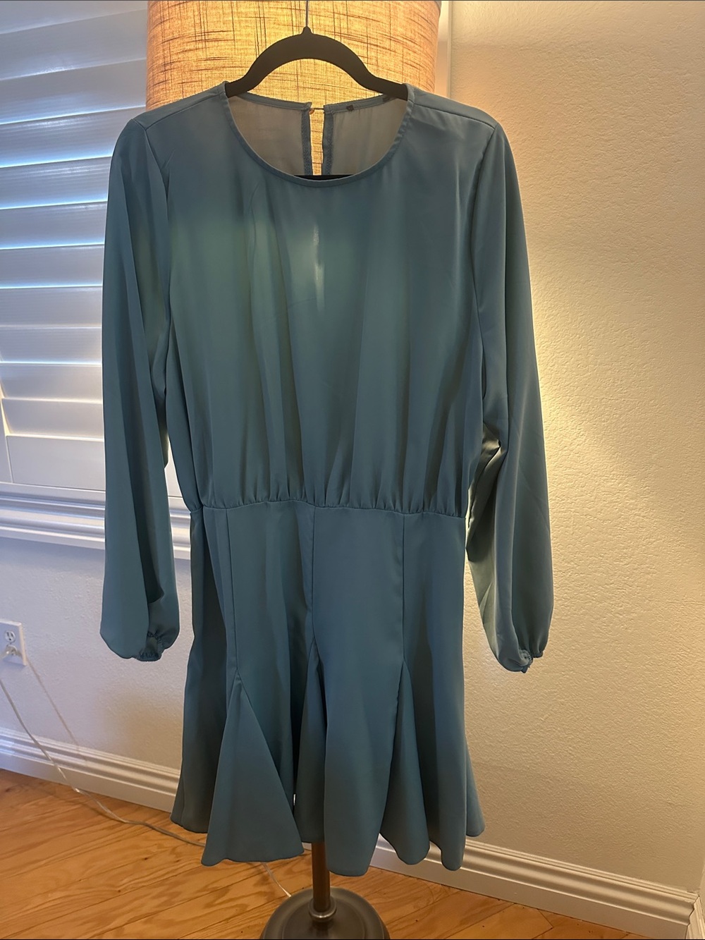 Armani Exchange Teal Long-Sleeve Pleated Waist Dress